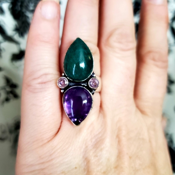 New Amethyst, Emerald & Pink Topaz 925 Silver Statement Ring. - Picture 6 of 7